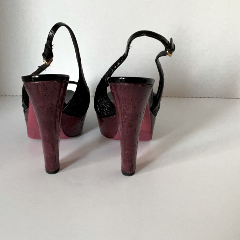 Miu Miu Black Patent Leather Slingback Heels with Burgundy Platform - Picture 5 of 5
